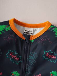 Nick 90s | SHEIN Mono de manga larga con cremallera, estampado de dinosaurio verde de dibujos animados y bloques de color para bebé niño - Multicolor - Ver 6