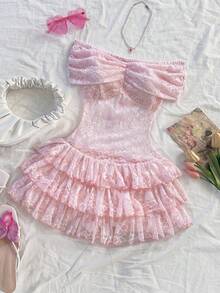 Soleia Elegant Lace Ruffle Trim Jumpsuit, Suitable For Vacation, Spring/Summer Pink Ruffle Dress Frilly Dress Sweetra Dress - Pink - View 5