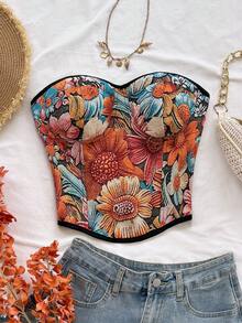Soleia Blusa casual de vacaciones, estilo occidental, para invitada de boda en la playa, regreso a la escuela, brunch, graduación, Día de San Patricio, vacaciones de primavera, Pascua, festival de música, elegante, bohemia, tropical, sin tirantes, con dobladillo retorcido, de color contrastante, con estampado de mariposa, sin espalda, con lazo en la espalda - Multicolor - Ver 3