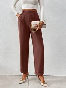 SHEIN Clasi 女士休闲/办公纯色锥形裤 - 棕色 - 查看 4