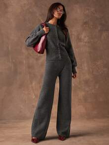 SHEIN BAE Bộ 2 áo khoác cardigan trơn màu và quần len thường ngày, Thu/Đông - Màu xám đen - Xem 6