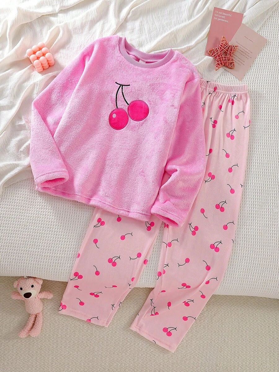 Girls'Pink Long Sleeve & Pants Pajama Set,Cute Sweet Autumn Nighties,Cozy Flannel Fabric,Cherry Embroidery & Print,Fitted Lounge Set For Everyday Wear - Pink - View 1