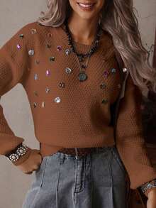 LanaWest Áo len chui đầu tay dài cổ tròn đính đá thủ công thời trang thu đông mới cho nữ, kiểu dáng phương Tây, đa năng, thoải mái - Rỉ Nâu - Xem 4