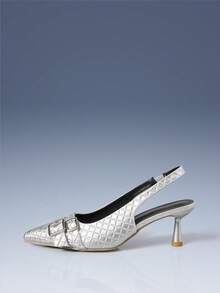 CUCCOO GRLICON Women's Pointed Toe Buckle Design Fashionable High Heels, Versatile For Daily Wear For Christmas - Silver - View 1