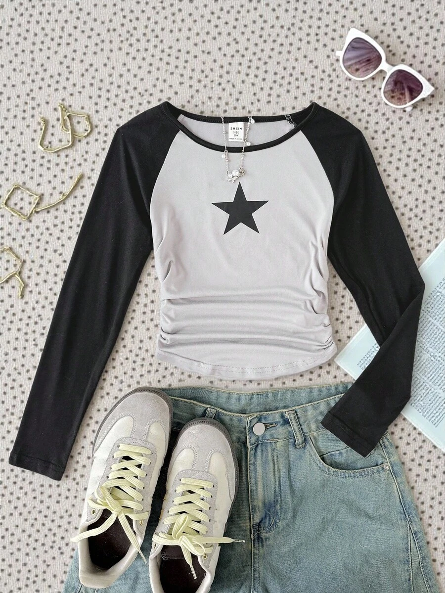 Tween Girl Raglan Sleeve Colorblock Star Print Long Sleeve Round Neck T-Shirt, Back To School Tee, Streetwear Casual Tee, Fitted Ruched Curved Hem Cropped T-Shirt Tops Cute Black And White Tops For Teen Girls Teen Girl Baseball