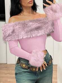 SHEIN ICON 女士 Y2K 短款修身露肩毛绒长袖 T 恤 - 粉色 - 查看 7