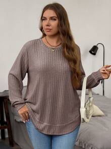 EMERY ROSE Plus Size Solid Color Ribbed Knit T-Shirt,Women's Autumn/Winter Long Sleeve Top,Everyday Smart Casual Dusty Pink Sweater,Casual Tops For Autumn - Grey - View 5