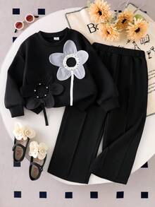 Genkimix Kids 2 pièces Ensemble Sweat-shirt-shirt et pantalon élégant à manches longues en tricot, motif floral noir et blanc, pour jeunes filles. Tenue haut de gamme pour enfants, printemps/automne - Noir - Voir 1