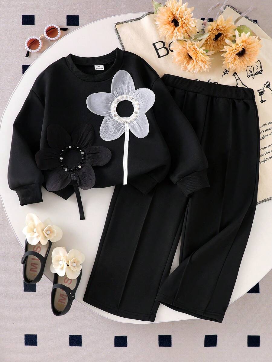 Genkimix Kids 2 pièces Ensemble Sweat-shirt-shirt et pantalon élégant à manches longues en tricot, motif floral noir et blanc, pour jeunes filles. Tenue haut de gamme pour enfants, printemps/automne - Noir - Voir 1