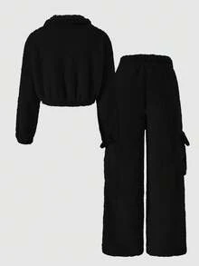 SHEIN ChillGRL 2 件套 Tween Girls ME 宽松休闲柔软羊毛高领夹克和工装口袋裤套装，适合日常、通勤、休闲、度假、聚会、街头风格、秋冬 - 黑色 - 查看 2
