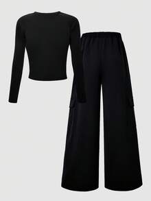 SHEIN Explorewe 2pcs/Set Setelan Kaos Lengan Raglan Hitam Putih dan Celana Kargo untuk Anak Perempuan Remaja, Desain Patchwork Motif Koboi Musim Gugur untuk Kembali ke Sekolah Musim Gugur Musim Dingin - Hitam - View 2