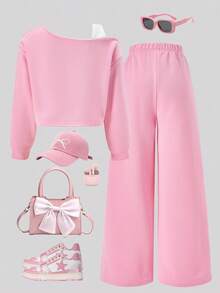 SHEIN ChillGRL 2 件套 Tween Girls ME 宽松设计不对称肩部拼色印花长袖上衣和阔腿裤套装，适合日常休闲、通勤、度假、聚会、街头风格、秋冬 - 粉色 - 查看 2