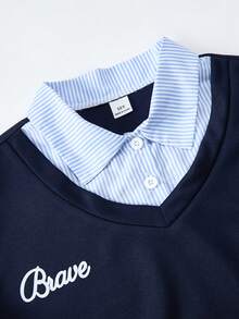 SHEIN ChillGRL Set 2 buc. pentru fete preadolescente Romweezy, lejer, casual, cu imprimeu contrastant, 2 în 1, hanorac scurt cu guler, stil V, asortat cu pantaloni largi, casual, cu imprimeu contrastant, potrivit pentru zi cu zi, naveta, sport, vacanță, adunări, fotografie stradală - Albastru regal - Vizualizare 3