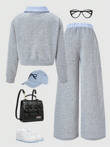SHEIN ChillGRL 2 件/套 Tween Girls Romweezy 宽松休闲拼接撞色二合一翻领衬衫式 V 领短款运动衫搭配宽松休闲阔腿撞色拼接裤套装，适合日常、通勤、休闲、度假、聚会、街拍 - 淺灰色 - 查看 2