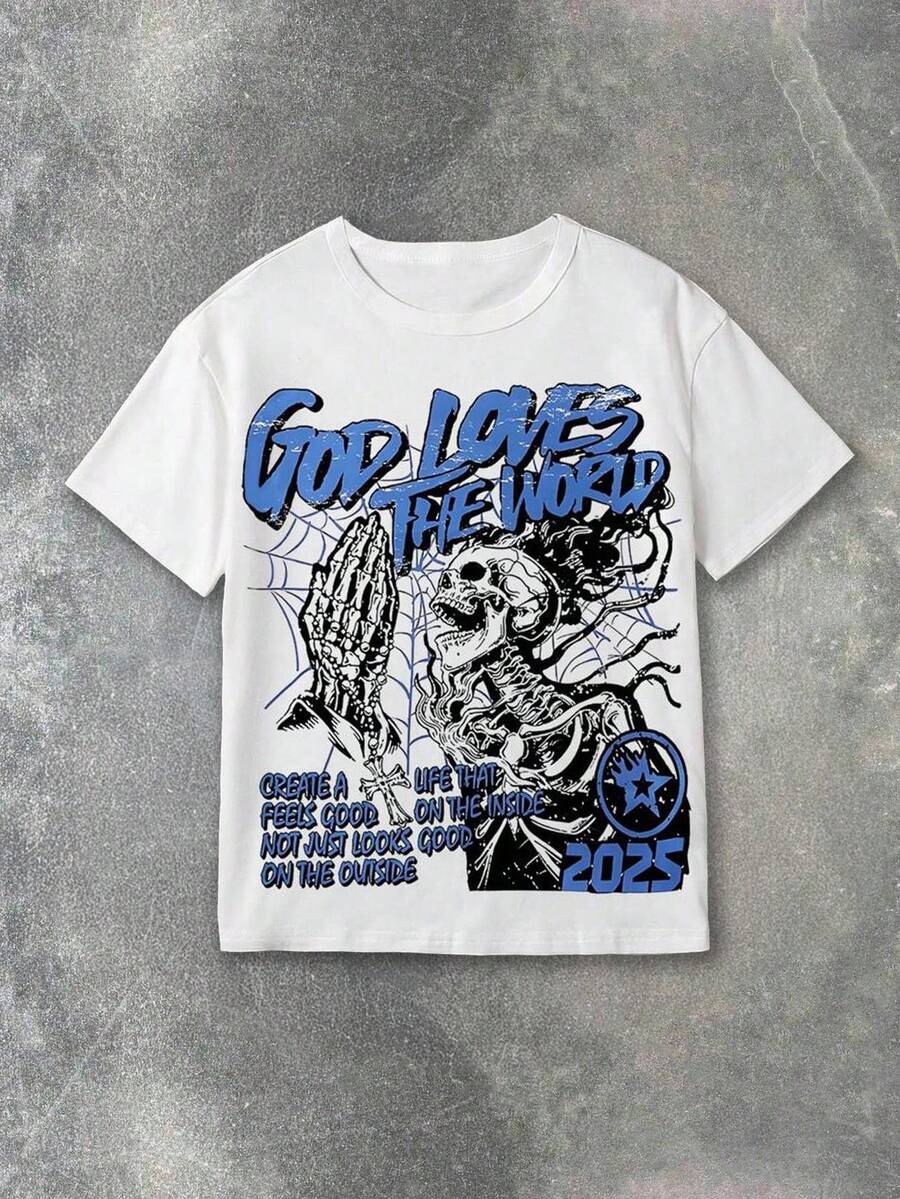 SHEIN Coolqubz Áo thun tay ngắn cổ tròn đơn giản thời trang thường ngày cho bé trai tuổi teen - trắng - Xem 1