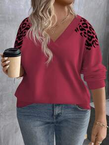 EMERY ROSE Women's V-Neck Layered Leopard Print Long Sleeve Plus Size Sweatshirt, Autumn/Winter - Burgundy - View 1