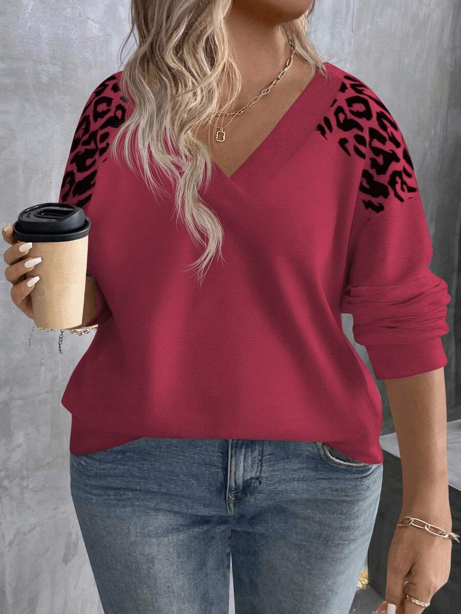EMERY ROSE Women's V-Neck Layered Leopard Print Long Sleeve Plus Size Sweatshirt, Autumn/Winter - Burgundy - View 1