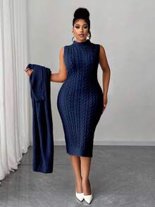 Maweii Bộ áo khoác cardigan hai mảnh dệt kim màu trơn thanh lịch cỡ lớn dành cho nữ - Màu xanh lam - Xem 3