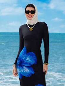 Swim Shayni 2pcs/Set Women's Swimsuit With Random Floral Print, Including Round Neck Long Sleeve Rash Guard And Black Modest Long Pants, Suitable For Beach Holiday - Multicolor - View 4