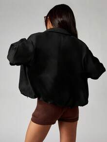 MISSGUIDED Áo khoác bomber da lộn cỡ lớn có nút cài phía trước cho mùa thu đông - màu đen - Xem 2