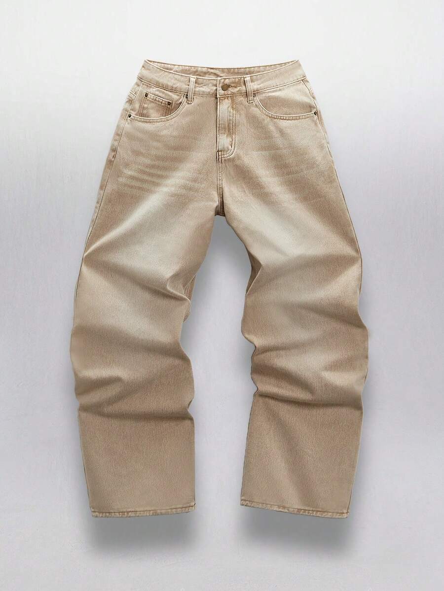 SWAVVY 男士休闲梭织宽松长裤，日常年轻休闲风格 - 卡其色 - 查看 1