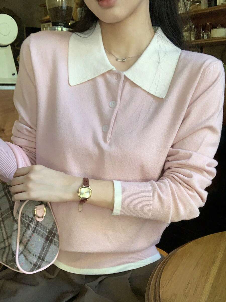 DAZY 女士撞色宽松翻领长袖休闲针织衫，秋冬季 - 粉色 - 查看 1