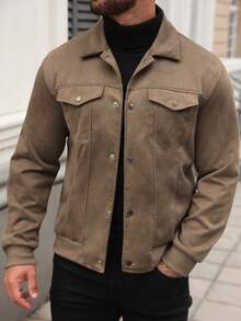 Manfinity CasualCool 男士纯色简约日常长袖麂皮夹克 - 卡其色 - 查看 1