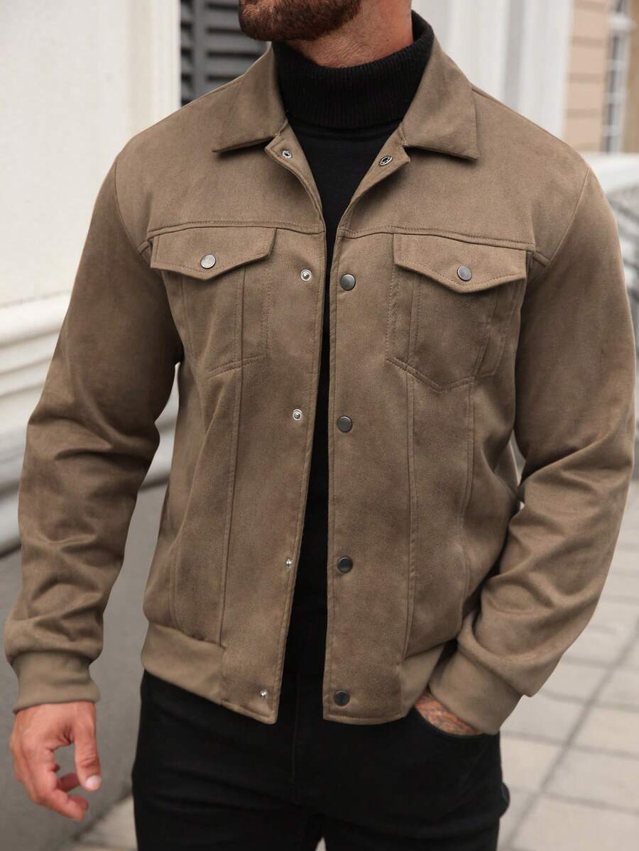 Manfinity CasualCool 男士纯色简约日常长袖麂皮夹克 - 卡其色 - 查看 1