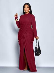 SOLERSUN Đầm maxi dài tay cổ đứng xẻ cao đến đùi thanh lịch dành cho nữ cỡ lớn mùa thu đông, kiểu thắt nút đa dạng, nhăn và xoắn, đầm tốt nghiệp, đầm dạ hội, đầm dự tiệc, đầm maxi, màu đỏ tía, đầm trang trọng, đầm thanh lịch, đầm sang trọng, đầm dự đám cưới 2026, đầm năm mới - Màu Đỏ Sâu - Xem 5