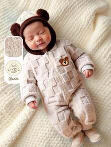 Souflis 2025秋冬新款法式加厚长袖卡其色连帽熊耳连体裤，适合玩耍、聚会、居家及多场合穿着，幼儿男童 - 卡其色 - 查看 1