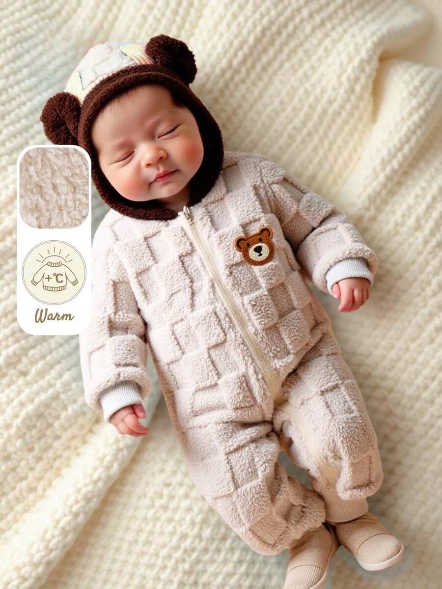 Souflis 2025秋冬新款法式加厚长袖卡其色连帽熊耳连体裤，适合玩耍、聚会、居家及多场合穿着，幼儿男童 - 卡其色 - 查看 1