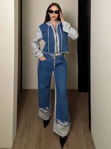 Jeanoix Women's Drawstring Waist Pocket Distressed Wide Leg Loose Casual Jeans - Blue - View 7