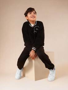 SUMWON Boys Textured Varsity Jacket With Letter Applique And Ribbed Trim - Black - View 3