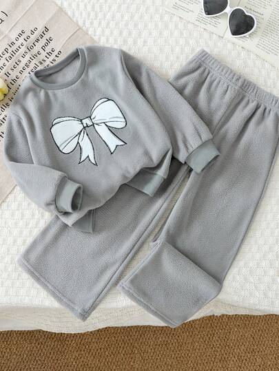 Genkimix Kids 2pcs Genkimix Girls Bow Embroidered Decor Casual Round Neck Top + Solid Color Straight Leg Pants Set