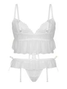 MISSGUIDED Lace Ruffle Lingerie Set Sheer Mesh Bralette Triangle Cups Tie Front Top Underwear Intimate Apparel Collection - White - View 3