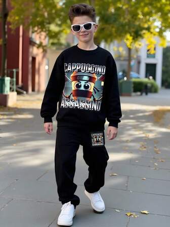 Fantacosmos Set de 2 piezas: Sudadera de cuello redondo con gráfico de capuchino y pantalón de chándal casual para niños
