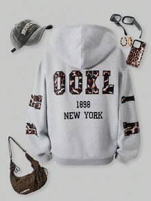 SHEIN Explorewe Teen Girl Leopard Print Letter Graphic Drop Shoulder Fleece Sweatshirt,Autumn,Streetwear,Holiday,Back-To-School,Ladies Teacher Uniform Fall Winter - Grey - View 1