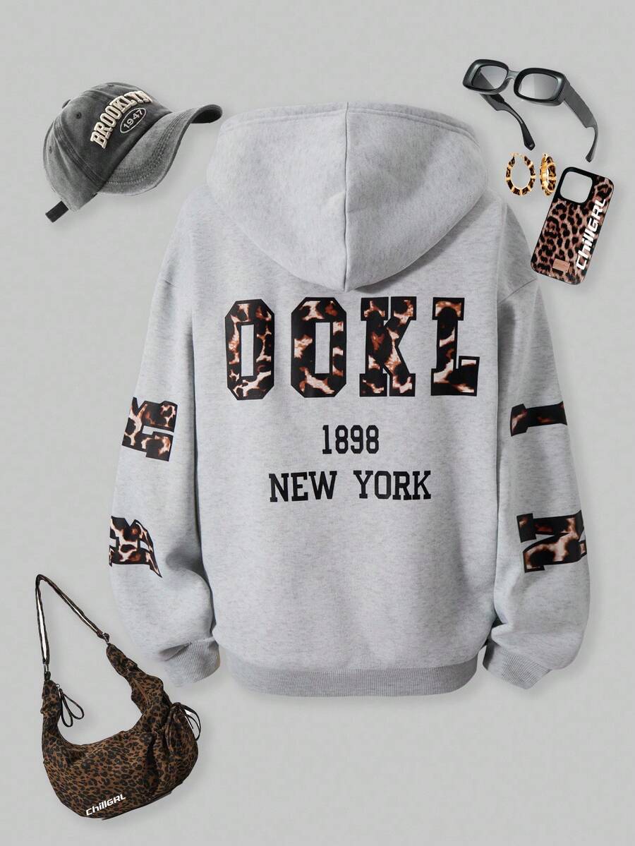 SHEIN Explorewe Teen Girl Leopard Print Letter Graphic Drop Shoulder Fleece Sweatshirt,Autumn,Streetwear,Holiday,Back-To-School,Ladies Teacher Uniform Fall Winter - Grey - View 1