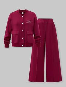 SHEIN Explorewe 2pcs/Set Tween Girls' Burgundy Baseball Collar Cardigan,Embroidered Letter Graphic,Button Closure,Large Pockets,Crease Pants,Autumn Casual School - Burgundy - View 1
