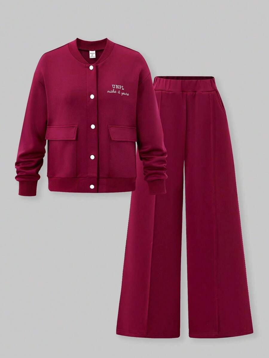 SHEIN Explorewe 2pcs/Set Tween Girls' Burgundy Baseball Collar Cardigan,Embroidered Letter Graphic,Button Closure,Large Pockets,Crease Pants,Autumn Casual School - Burgundy - View 1