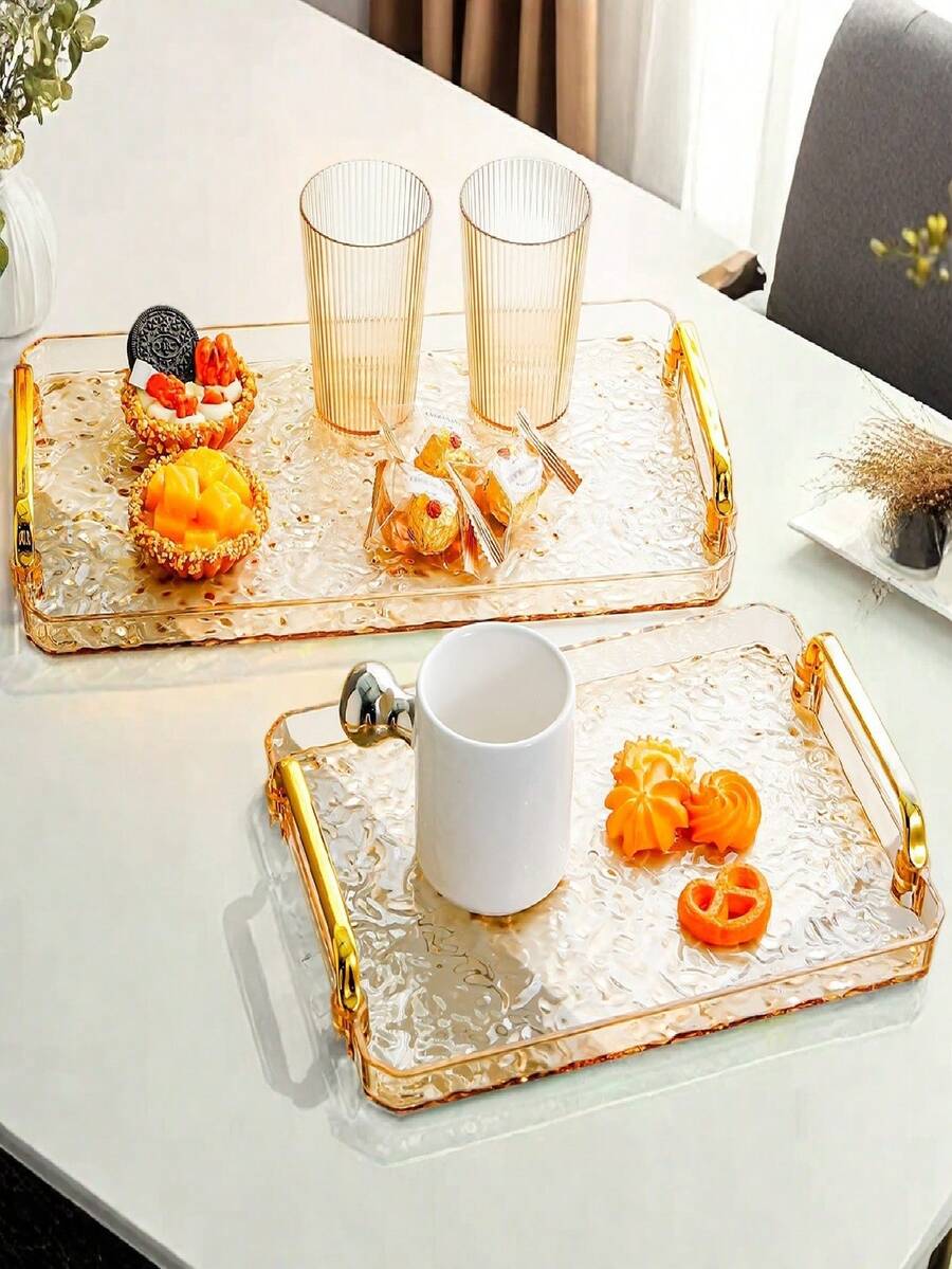 1set New Acrylic Tray With Geometric Handle, Ripple Shape, Nordic Style Creative Platter, Suitable For Snacks, Cups, Cutlery, Etc.,Kitchen,Christmas Gift - Gold - View 1