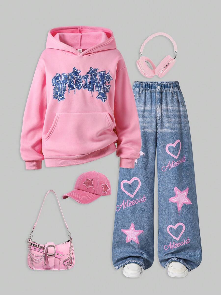SHEIN ChillGRL 两件套少女星形字母印花保暖连帽卫衣搭配休闲阔腿牛仔裤，适合日常通勤和街拍穿搭，秋冬季 - 粉色 - 查看 1