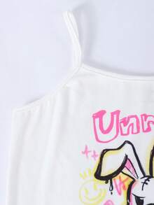 SHEIN ChillGRL Tween Girl 3pcs Spring Break Outfit Set, Solid Color Crop Top, Rabbit Print Camisole Top, And Letter Rabbit Graphic Print Denim Effect Pants, Festival Outfit Summer Holiday