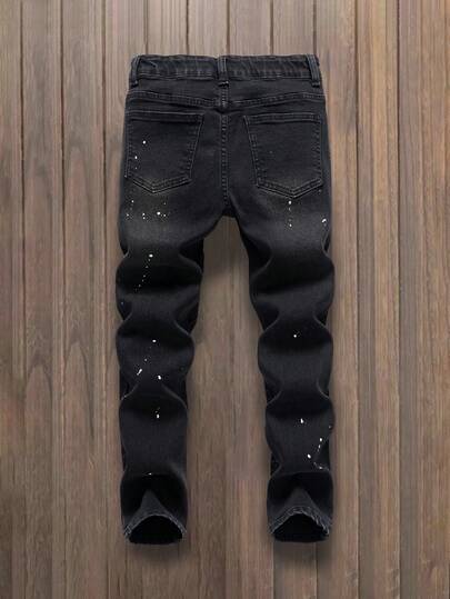 SHEIN Tween Boys' Black Ripped Paint Splatter Elastic Jeans Summer Holiday,Unisex