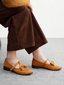 CUCCOO BIZCHIC Mocasines con hebilla de caballo, nueva llegada otoño/invierno 2025, versátiles, estilo británico, tacón grueso negro, suela blanda, slip-on planos - Camel - Ver 4