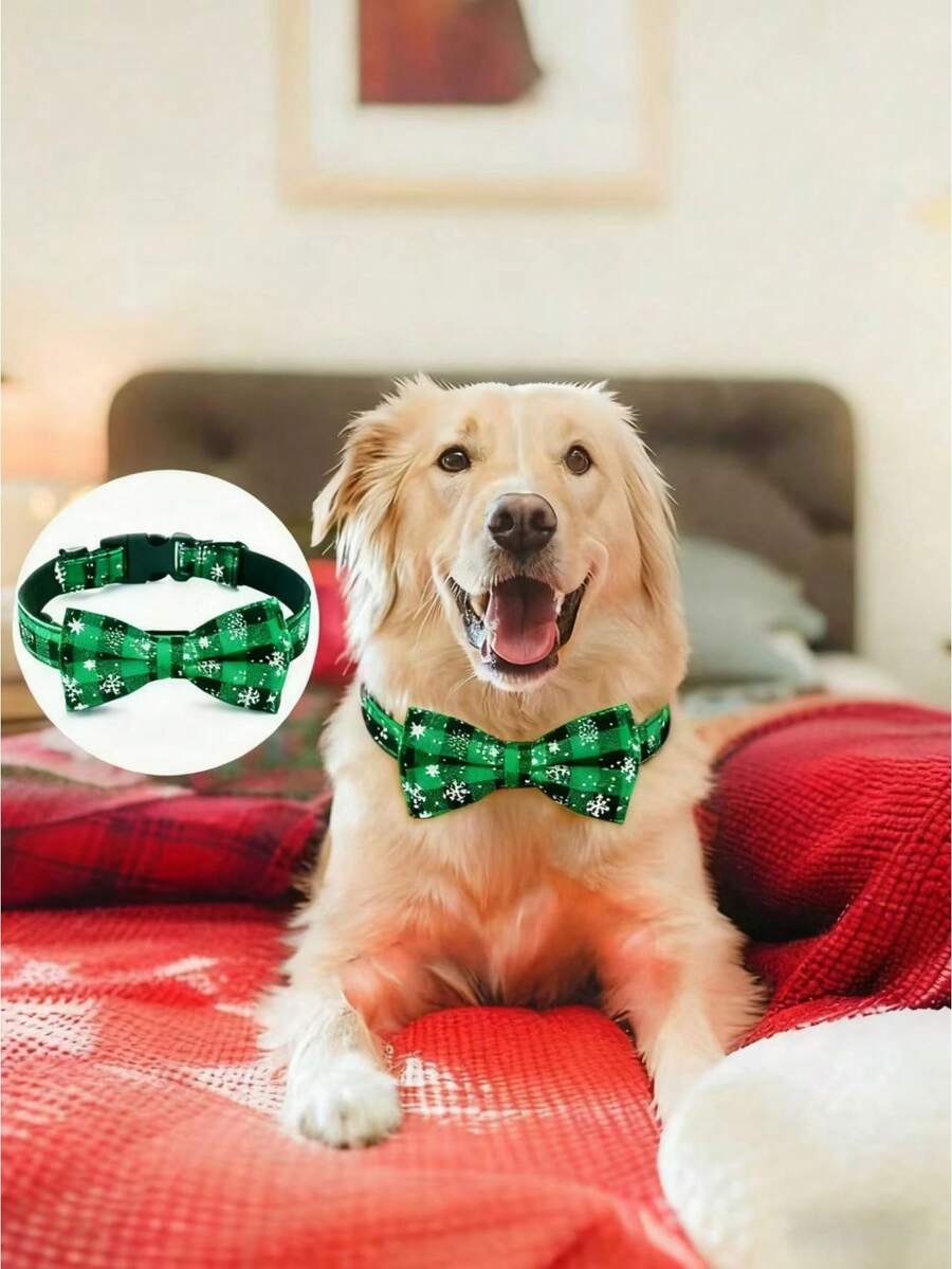 1 pieza Collar navideño para mascotas con patrón de copos de nieve, banda ajustable para el cuello de mascotas, accesorios festivos navideños para mascotas pequeñas, medianas y grandes, para sesión de fotos en fiesta de Navidad - Verde - Ver 1