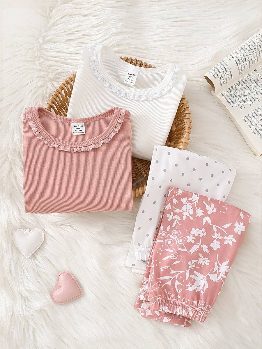 Baby Girls Pajamas-Pajama Set Crew Neck Long Sleeve Top And Pants White Dot Print Pink Ruffle Collar Pink Floral Print Four Season 2026 New Year Essential Baby Girls Clothes - Multicolor - View 1