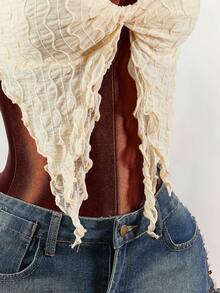 Amplova Y2K Sexy  Women's Y2K Twist Design Open Hem Sexy Criss-Cross Halter Neck Camisole White Top Elegant Dress Women Summer Outfits Casual Blouses For Women Cross-Color Beaded Vacation-Style Semi-Sheer Double-Layered Hem With Lace Twisted Fitted Textured Striped Mini Top - Apricot - View 6