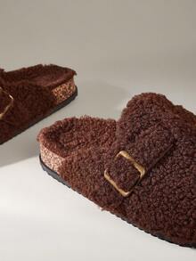 Solecia 女士秋冬新款羊毛保暖圆头平底拖鞋复古休闲鞋巧克力棕色家居服 - 巧克力棕 - 查看 5