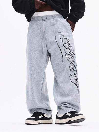 SUMWON Pantalones de chándal con cordón y logo impreso, de felpa, casuales, cómodos, de ajuste relajado para el invierno